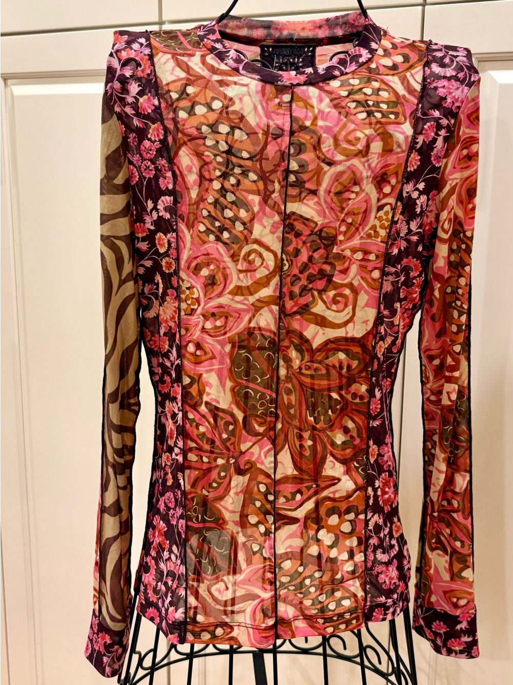 Johnny Was Pink Brown Floral Sheer Long-Sleeve Top